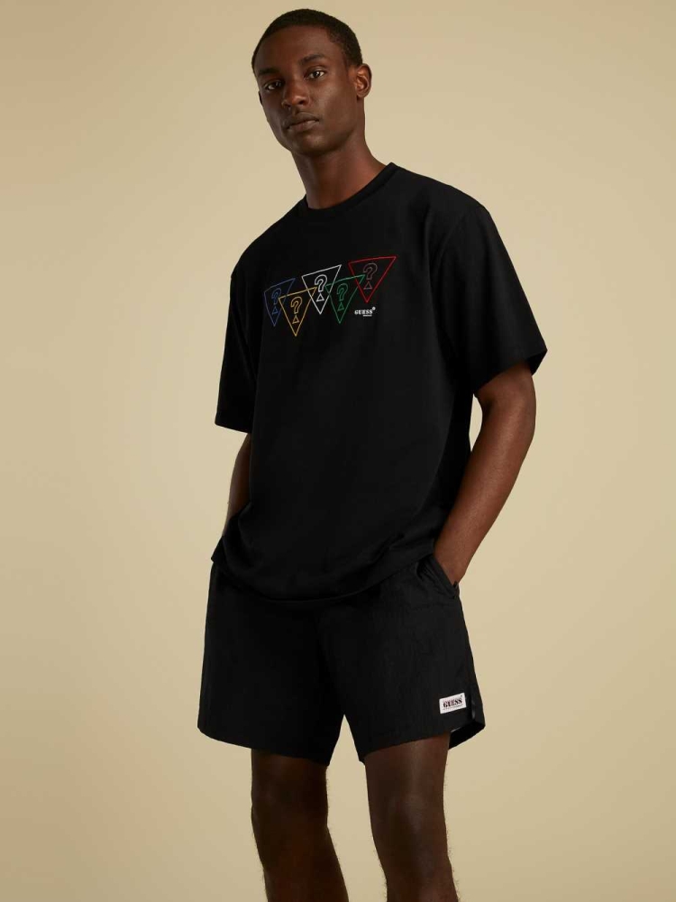 Black Men's GUESS Summer Games Logo T-Shirts | USA61UKDAZ