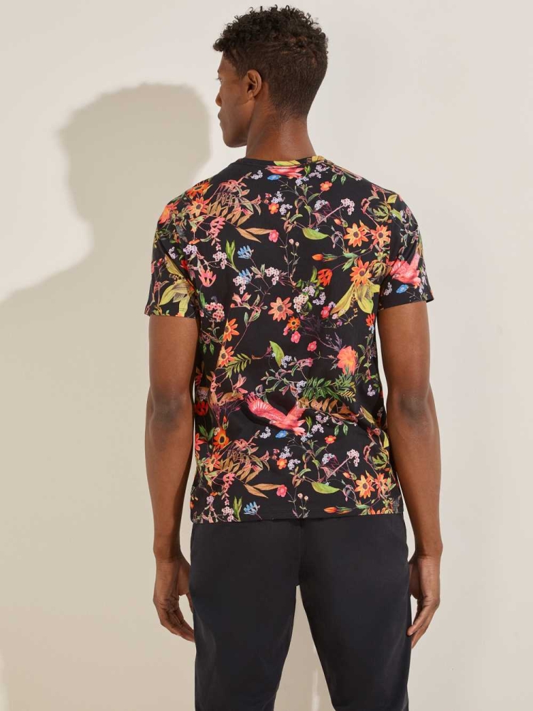 Black Multicolor Men's GUESS Market Floral T-Shirts | USA86AJRTD