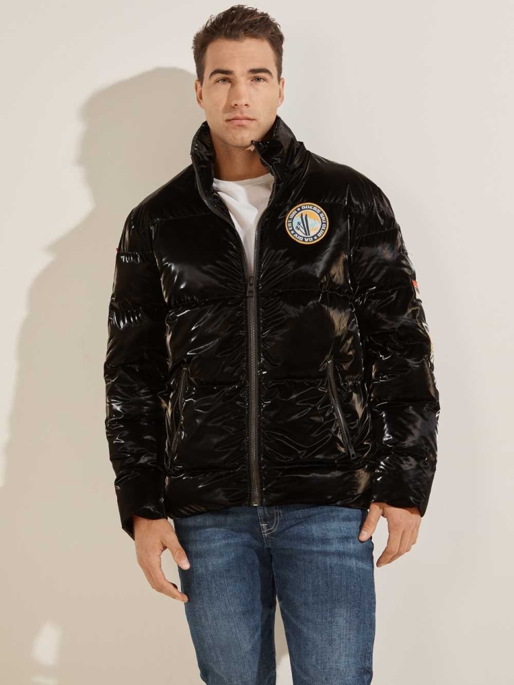 Black Multicolor Men's GUESS Metallic Nylon Puffer Jackets | USA65YBSLH