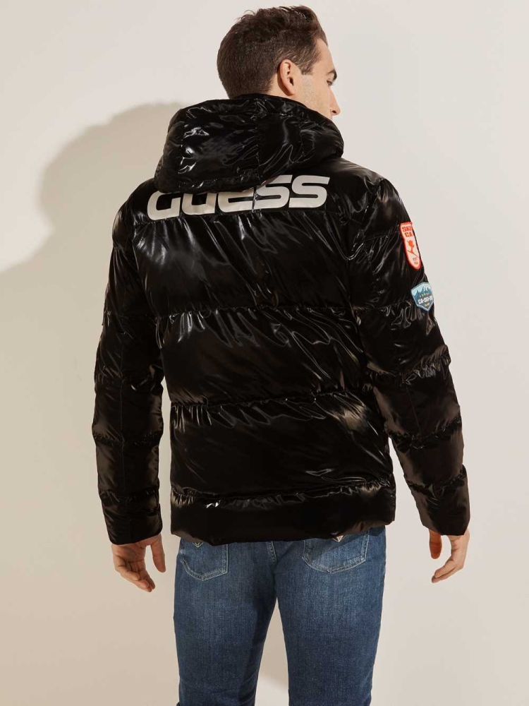 Black Multicolor Men's GUESS Metallic Nylon Puffer Jackets | USA65YBSLH