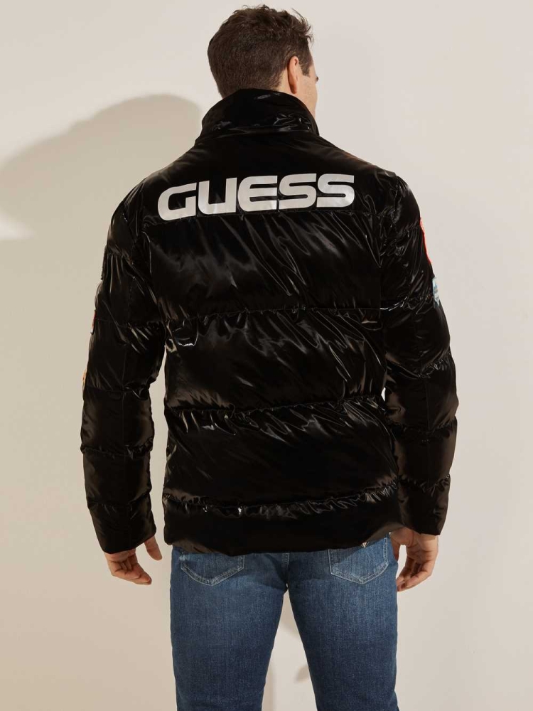 Black Multicolor Men's GUESS Metallic Nylon Puffer Jackets | USA65YBSLH