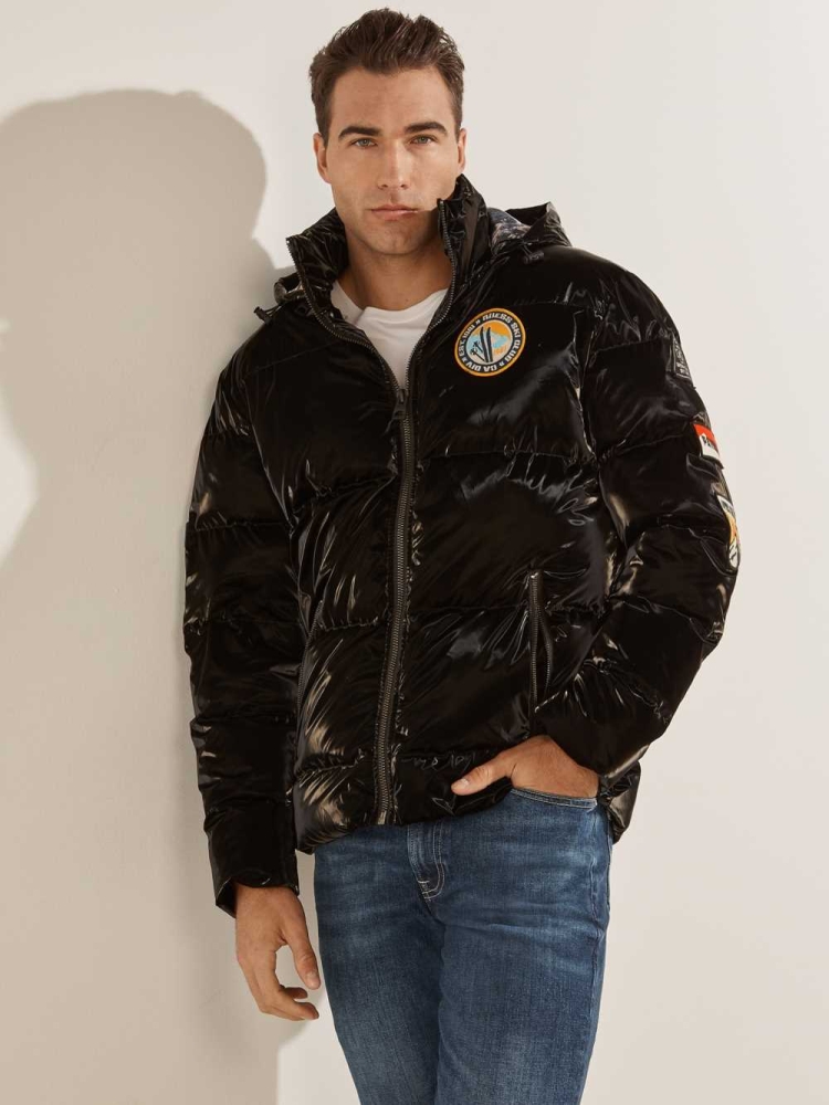 Black Multicolor Men\'s GUESS Metallic Nylon Puffer Jackets | USA65YBSLH