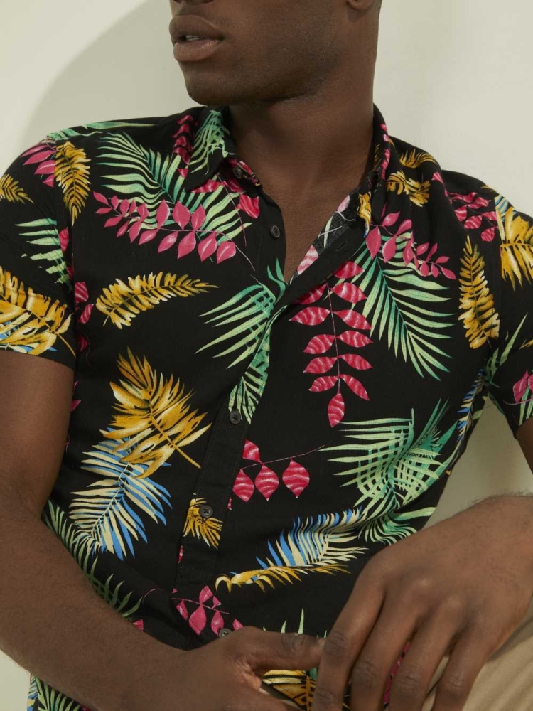 Black Multicolor Men's GUESS Panama Palm Shirts | USA06RKGDP