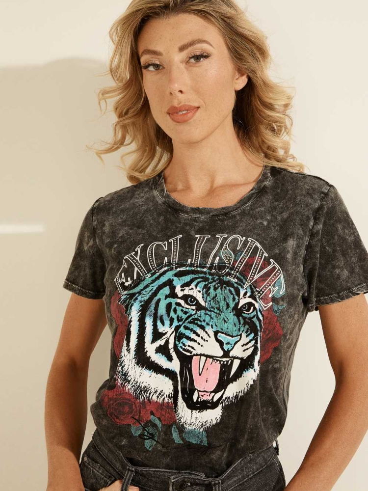 Black Multicolor Women's GUESS Eco Tiger Rose Easy T-Shirts | USA35GWVKO