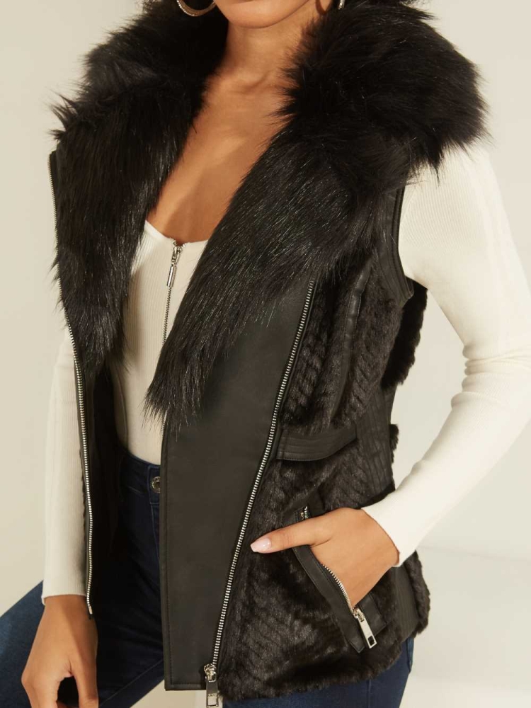 Black Multicolor Women's GUESS Faux-Fur Moto Vest | USA23EOCMW