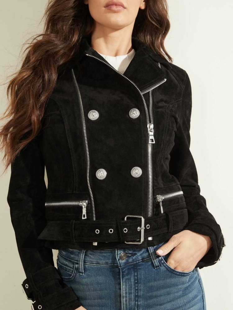 Black Multicolor Women's GUESS Olivia Suede Moto Jackets | USA14ANYFH