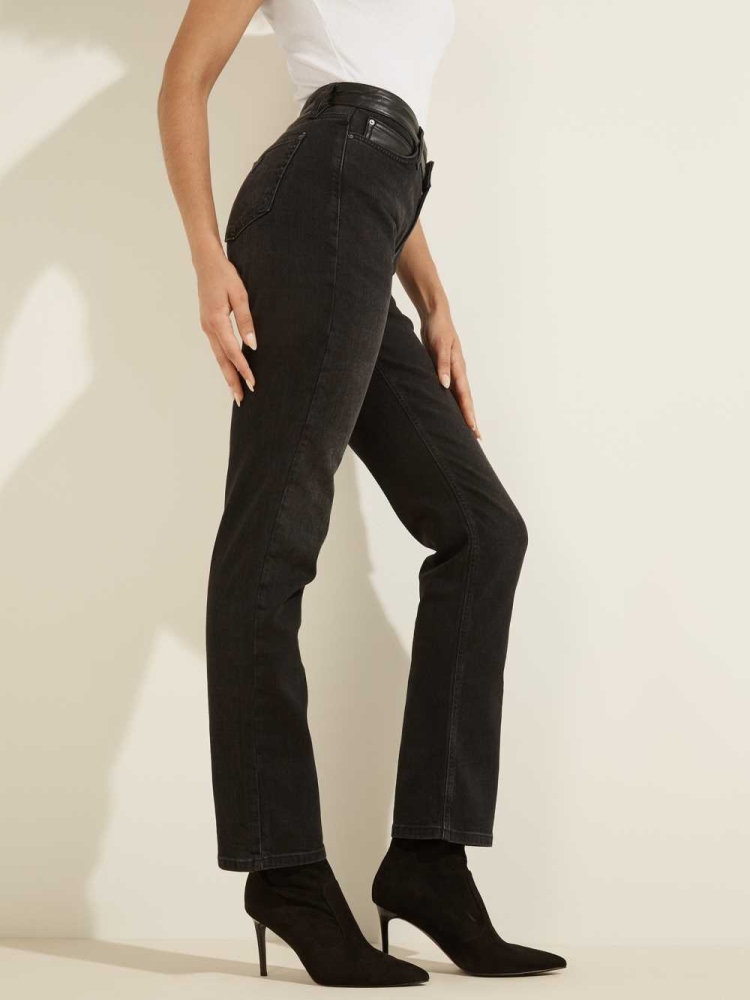 Black Women's GUESS 1981 Faux-Leather Waist Straight Jeans | USA01ZGQEN