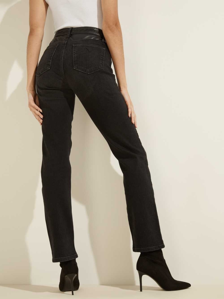 Black Women's GUESS 1981 Faux-Leather Waist Straight Jeans | USA01ZGQEN