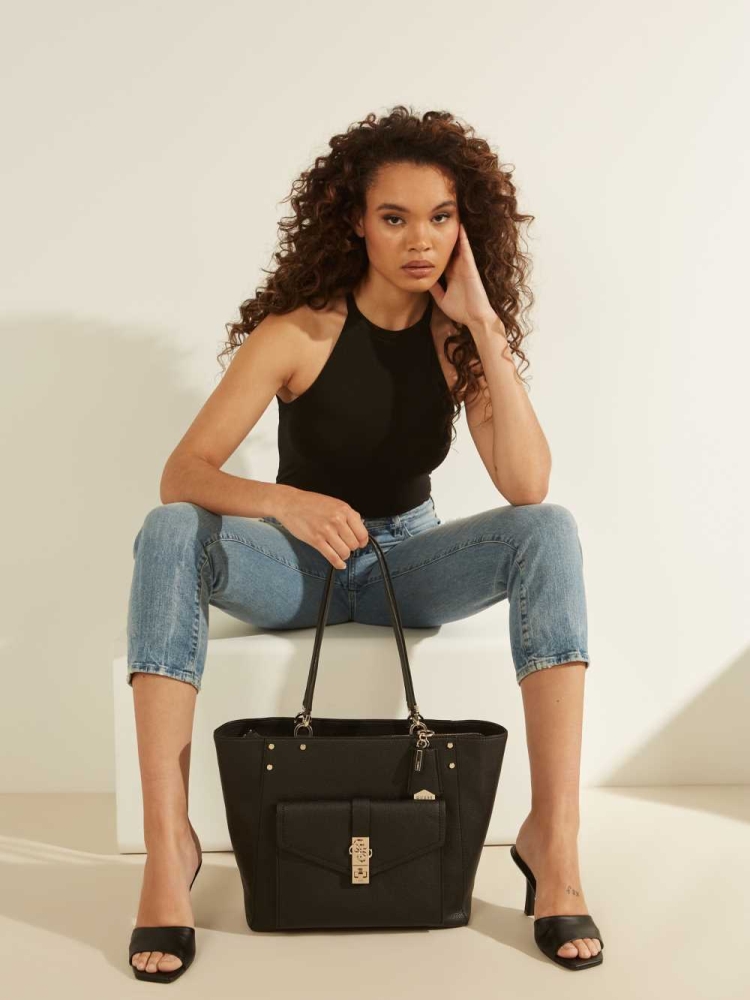 Black Women's GUESS Albury Faux-Leather Totes | USA06QPXID