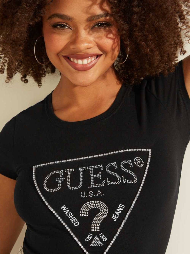 Black Women's GUESS Amalur Logo T-Shirts | USA08TFYKH