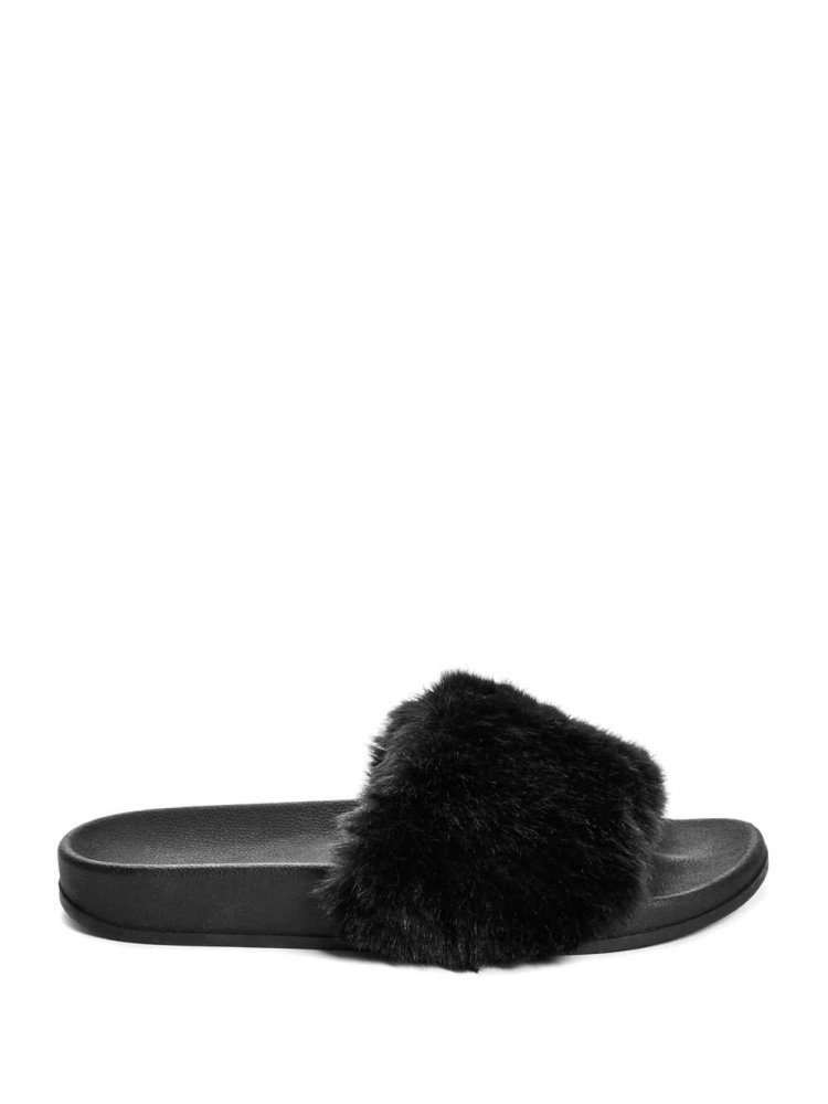 Black Women's GUESS Buffie Leopard Faux-Fur Slide Slide Sandals | USA13NZATM