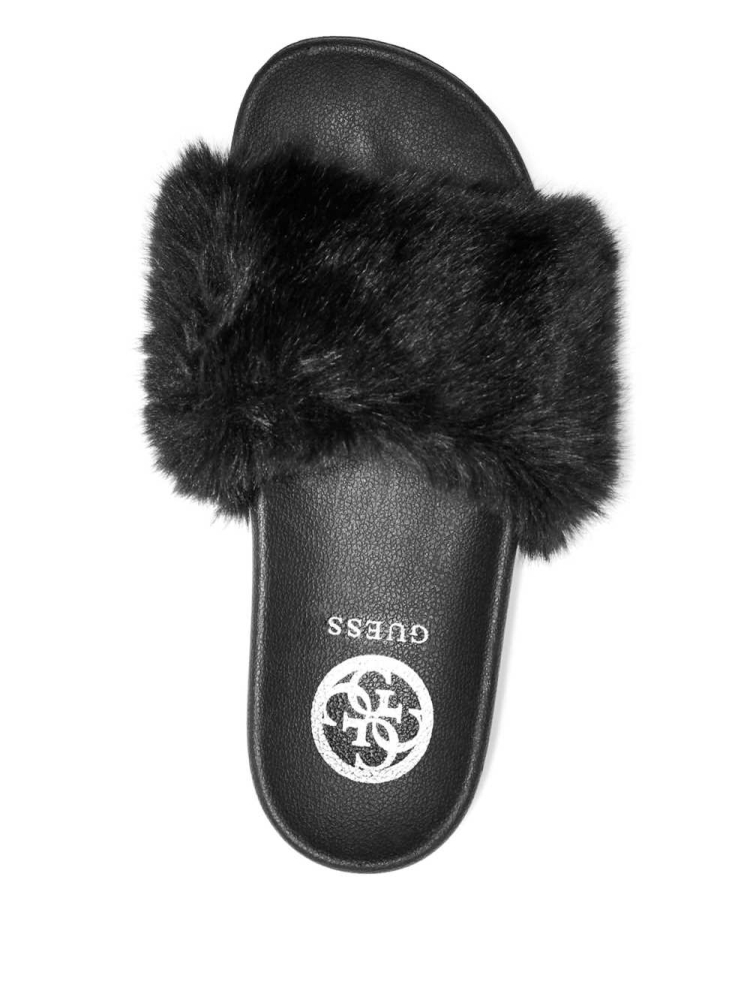 Black Women's GUESS Buffie Leopard Faux-Fur Slide Slide Sandals | USA13NZATM