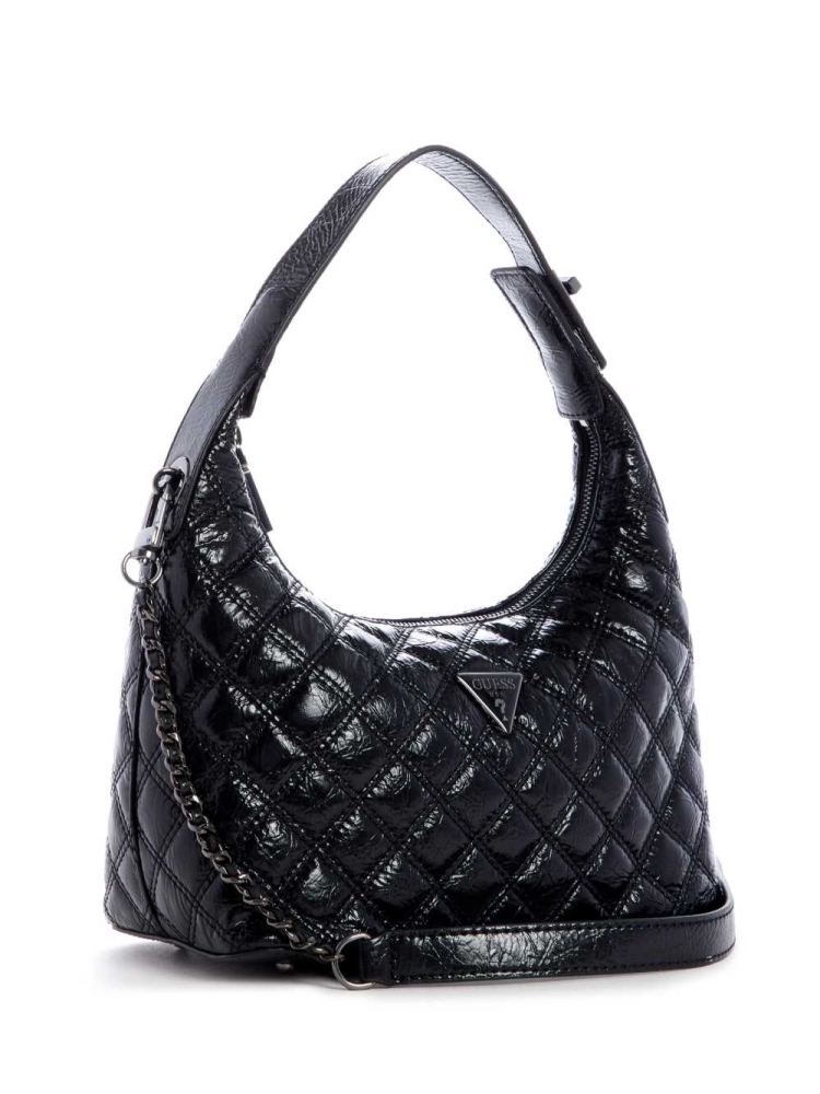 Black Women's GUESS Cessily Quilted Hobo Shoulder Bags | USA21CHQYM