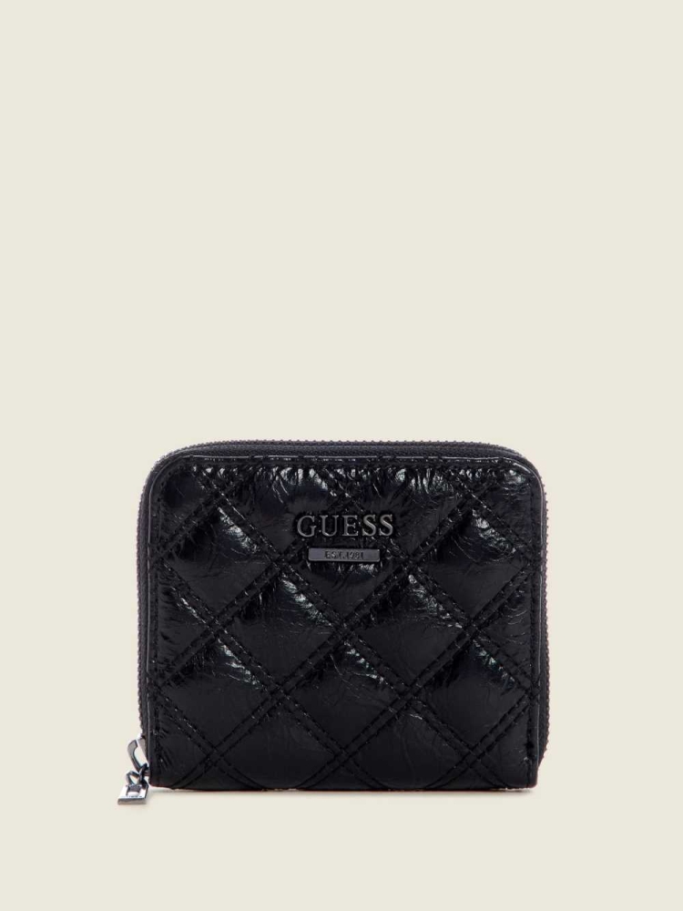 Black Women\'s GUESS Cessily Quilted Small Zip-Around Wallets | USA09HKJRW