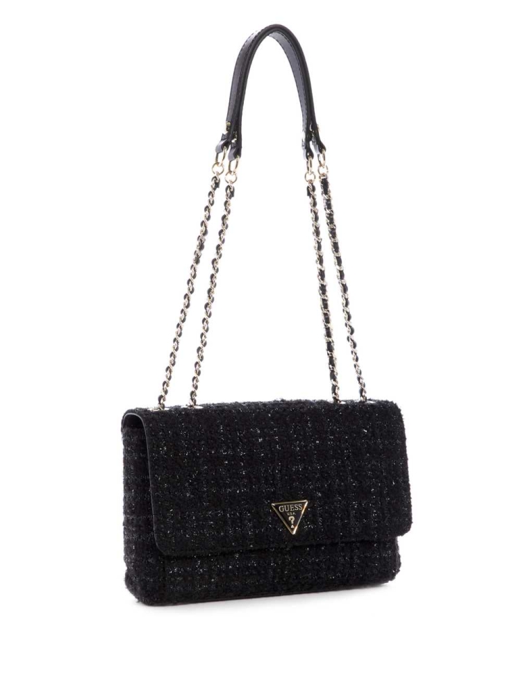 Black Women's GUESS Cessily Tweed Convertible Crossbodies | USA34QFVJC