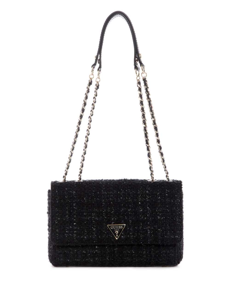 Black Women\'s GUESS Cessily Tweed Convertible Crossbodies | USA34QFVJC