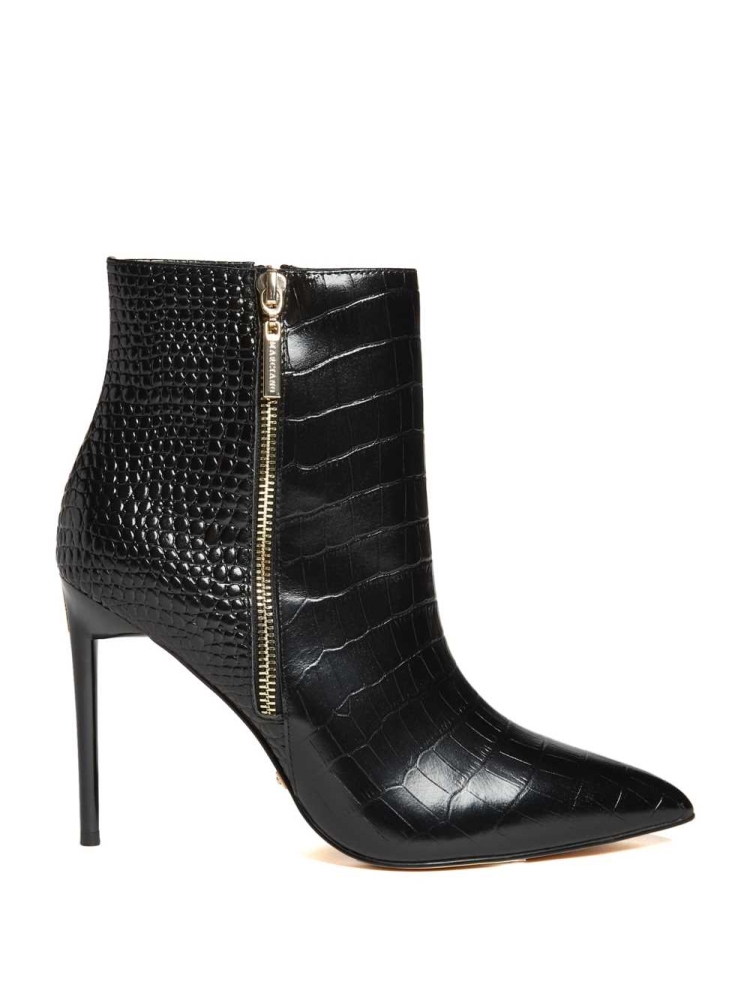 Black Women's GUESS Croc Leather Zipper Booties | USA43KFYPN