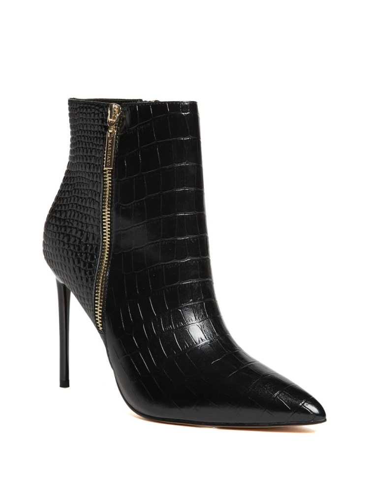 Black Women\'s GUESS Croc Leather Zipper Booties | USA43KFYPN