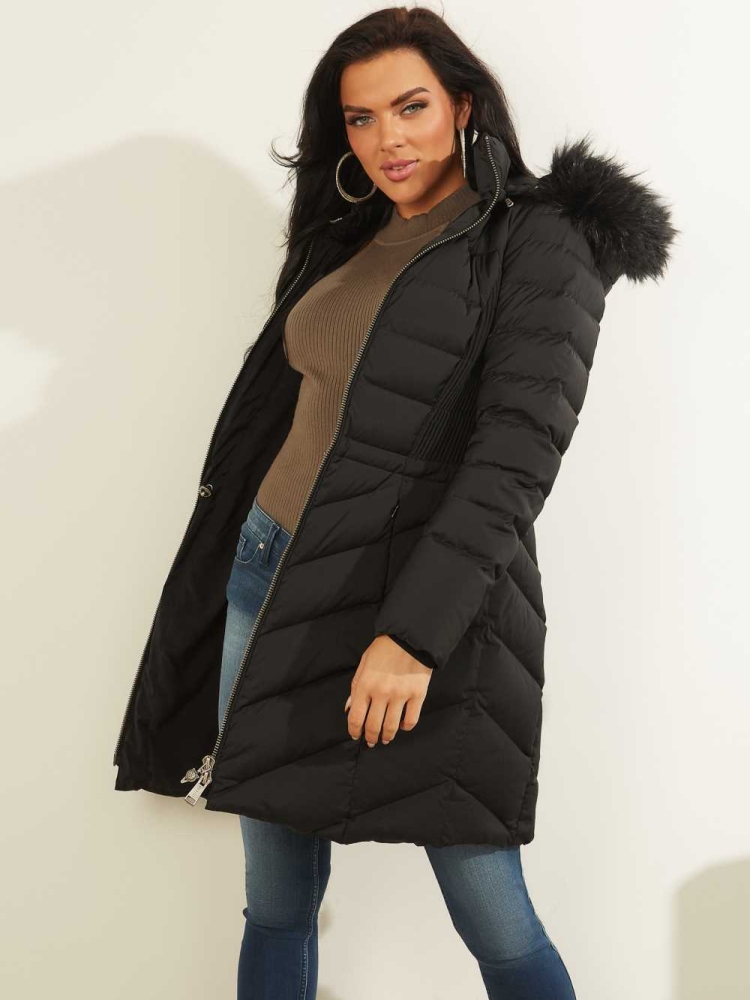 Black Women\'s GUESS Eco Cecilia Down Puffer Coats | USA02KRYUW