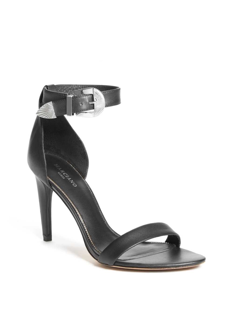 Black Women\'s GUESS Elin Buckle Heels Sandals | USA71WLHDC