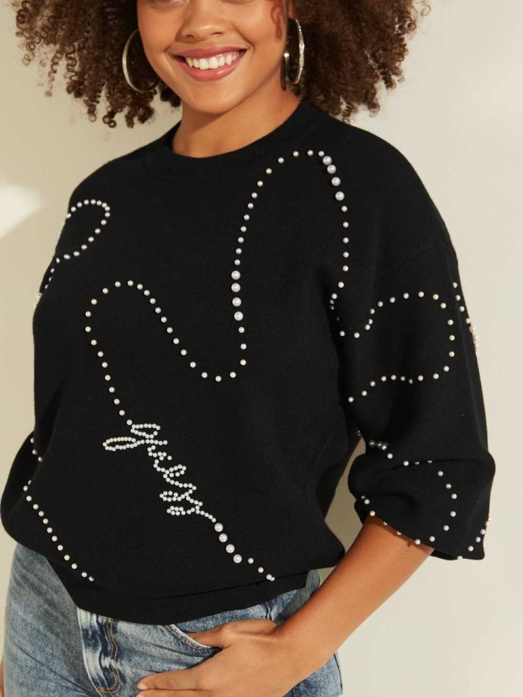 Black Women's GUESS Ginny Pearl Sweaters | USA81OYQTH