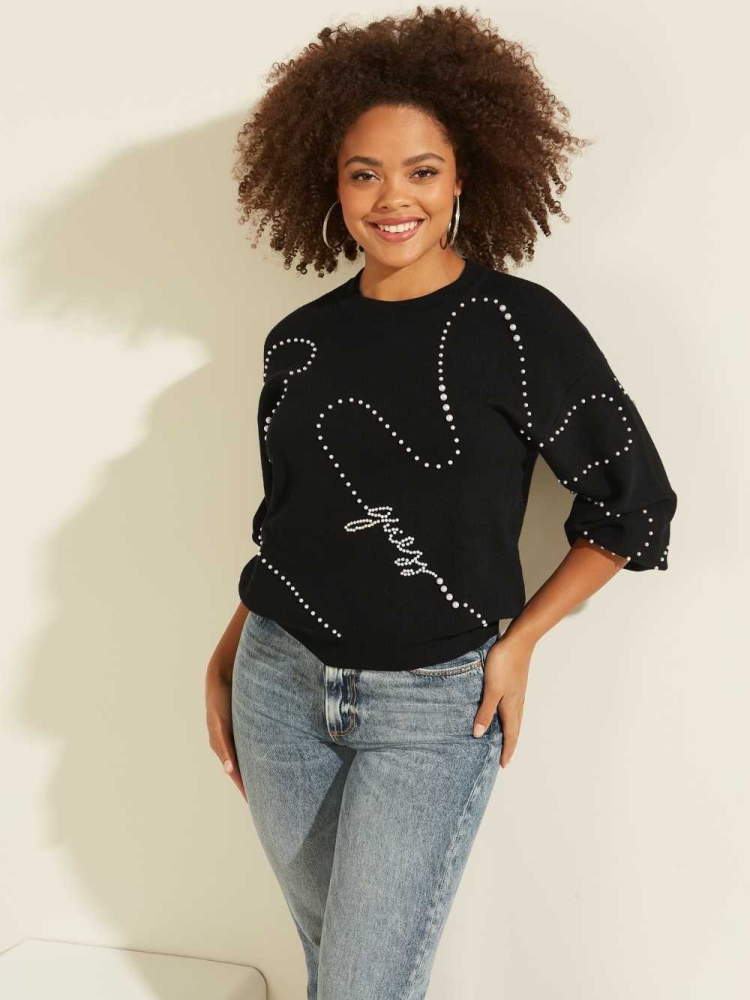 Black Women\'s GUESS Ginny Pearl Sweaters | USA81OYQTH