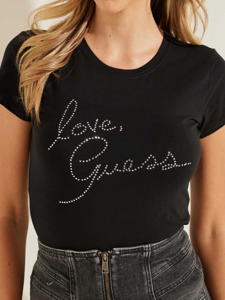 Black Women's GUESS Love Rhinestone T-Shirts | USA15IRCYE