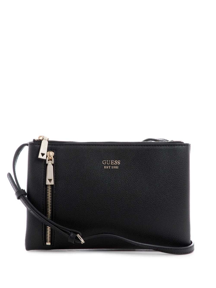 Black Women\'s GUESS Naya Double-Zip Crossbodies | USA54KSZGV