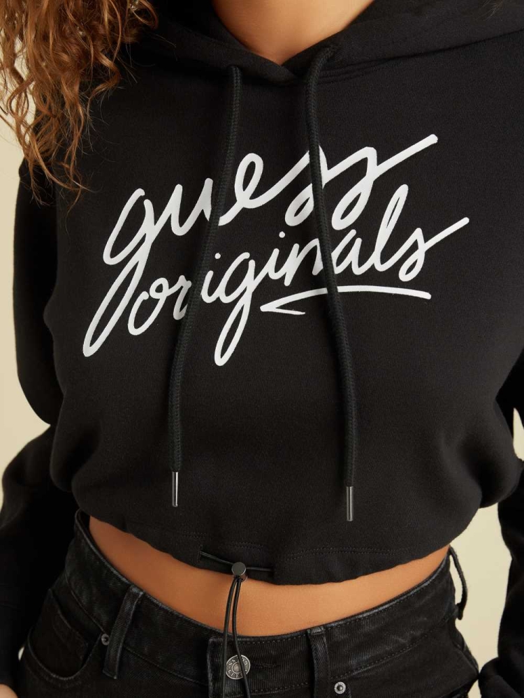 Black Women's GUESS Originals Cropped Hoodies | USA34FYPMZ