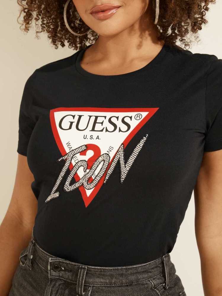 Black Women's GUESS Rhinestone Icon T-Shirts | USA10CNWFE