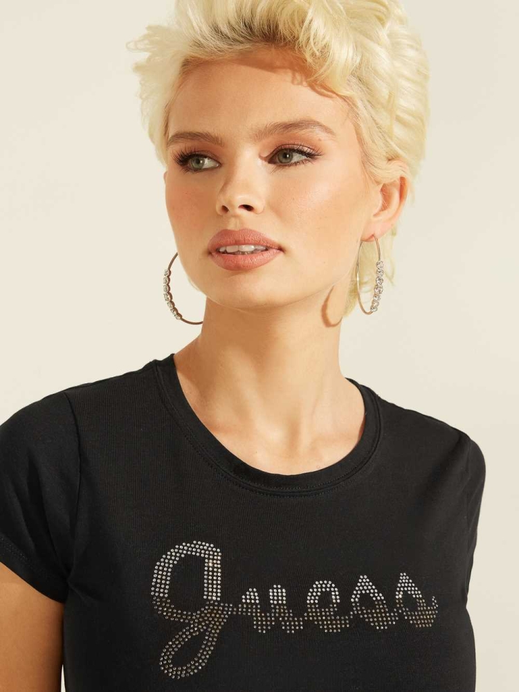 Black Women's GUESS Split Script Logo T-Shirts | USA23VMCTK