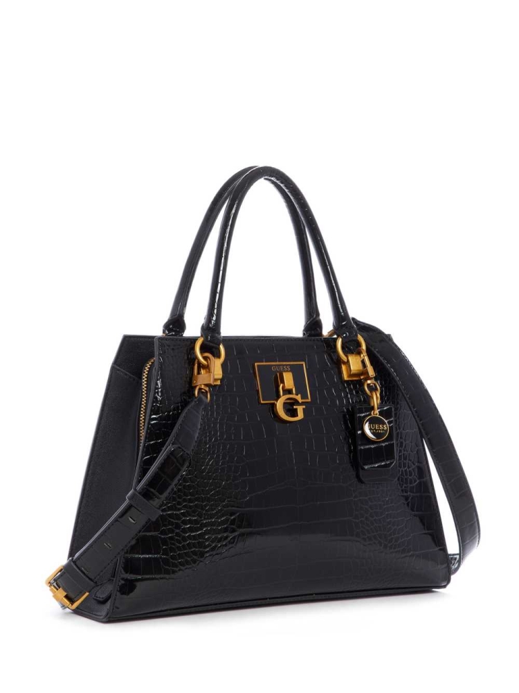 Black Women's GUESS Stephi Croc Girlfriend Satchels | USA85ABWTG