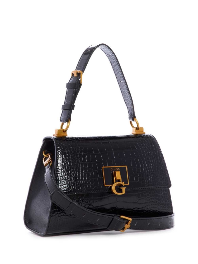 Black Women's GUESS Stephi Top-Handle Flap Crossbodies | USA73LXTBO