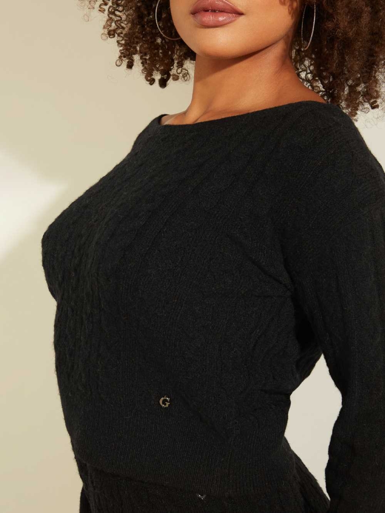 Black Women's GUESS Tanya Cable Knit Sweaters | USA49FIOSP