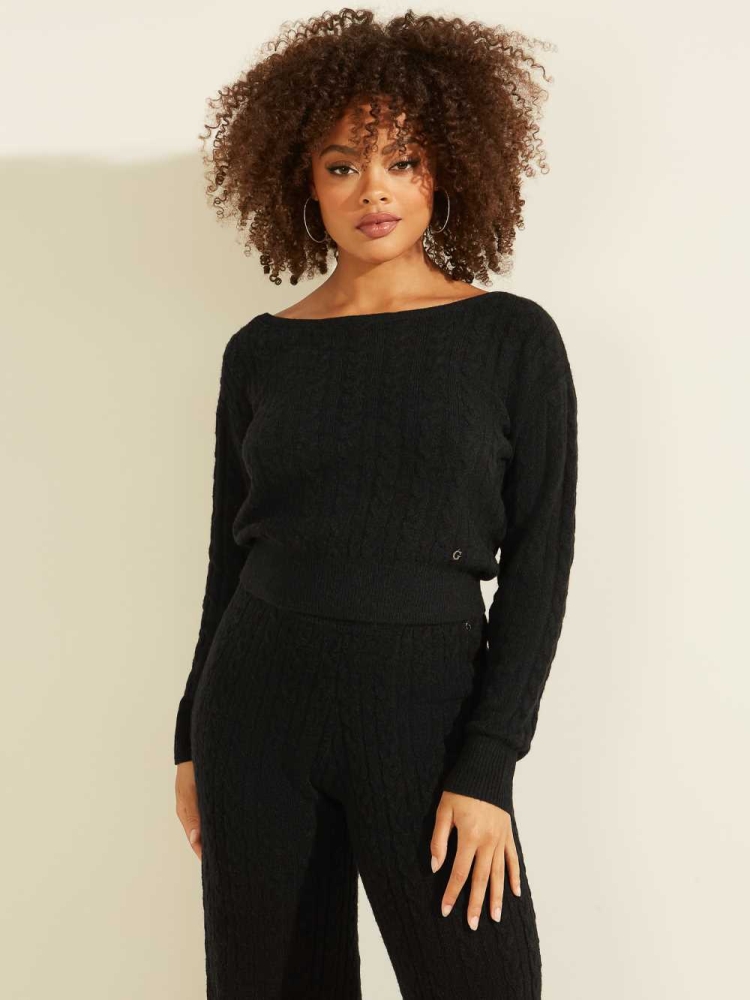 Black Women\'s GUESS Tanya Cable Knit Sweaters | USA49FIOSP