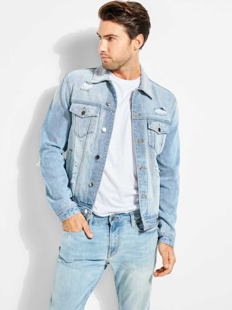 Blue Men's GUESS Dillon Light-Wash Denim Jackets | USA25KCUVR