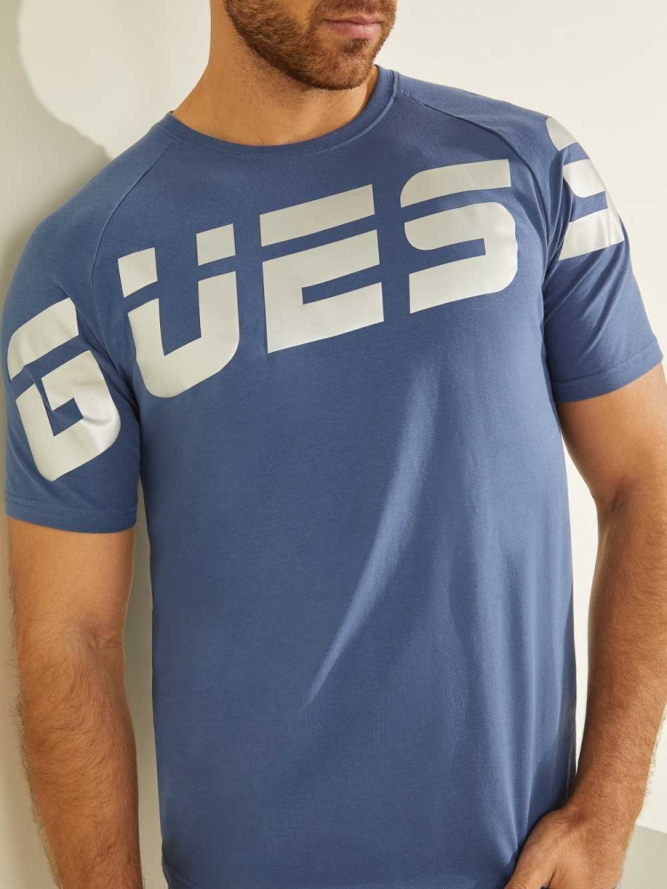 Blue Men's GUESS Eco Arden Logo T-Shirts | USA89IFNCU