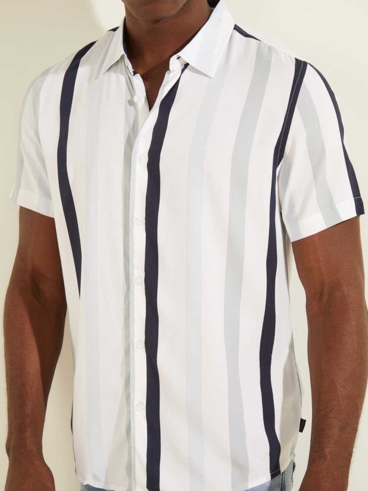 Blue Men's GUESS Eco Art Stripe Shirts | USA87IMNXH