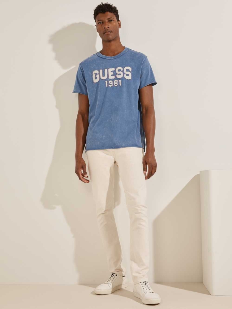 Blue Men's GUESS Eco Raw Patchwork Logo T-Shirts | USA24MPLDA