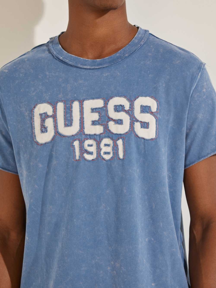 Blue Men's GUESS Eco Raw Patchwork Logo T-Shirts | USA24MPLDA