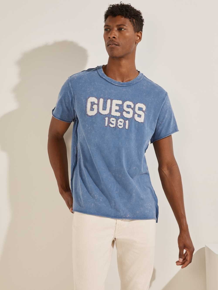 Blue Men\'s GUESS Eco Raw Patchwork Logo T-Shirts | USA24MPLDA