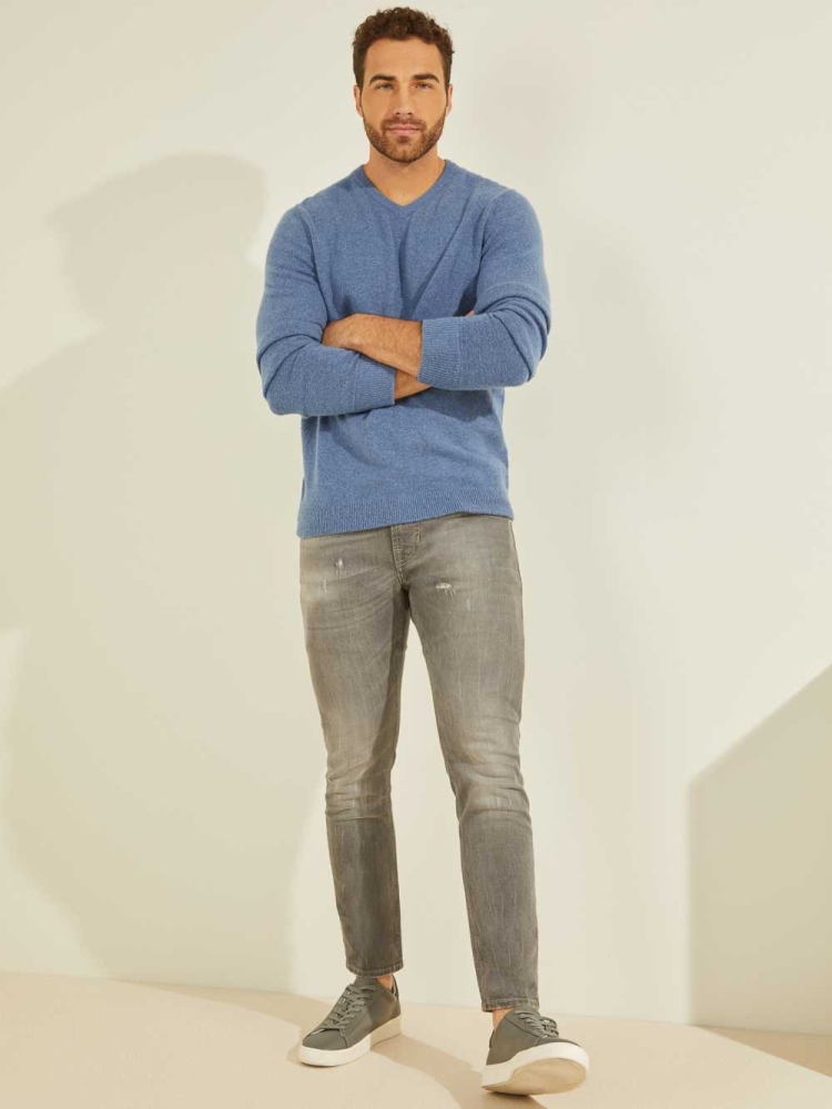 Blue Men's GUESS Esmere Wool-Blend V-Neck Sweaters | USA21DZUPM