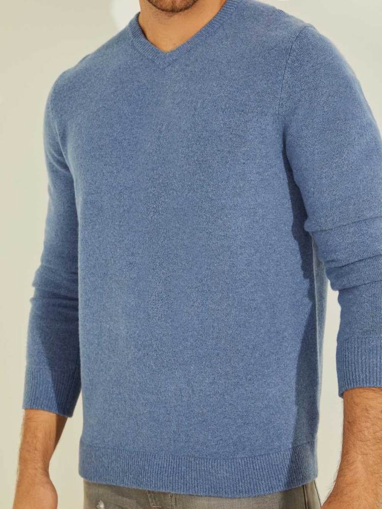 Blue Men's GUESS Esmere Wool-Blend V-Neck Sweaters | USA21DZUPM