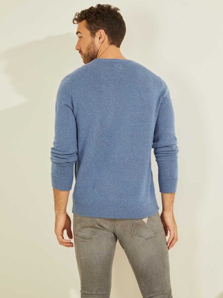 Blue Men's GUESS Esmere Wool-Blend V-Neck Sweaters | USA21DZUPM