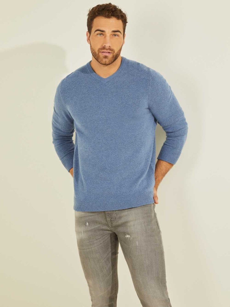 Blue Men\'s GUESS Esmere Wool-Blend V-Neck Sweaters | USA21DZUPM