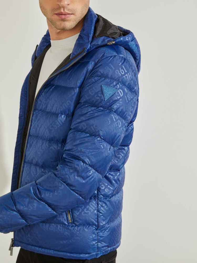 Blue Men's GUESS Logo Down Puffer Jackets | USA16HJQDR