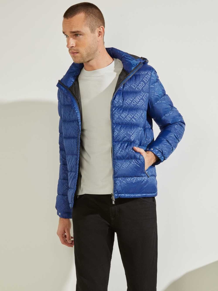 Blue Men's GUESS Logo Down Puffer Jackets | USA16HJQDR