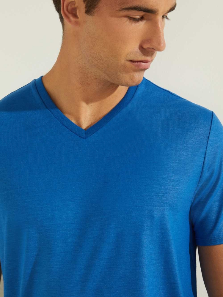 Blue Men's GUESS Mason Yoke V-Neck T-Shirts | USA12BWXEU