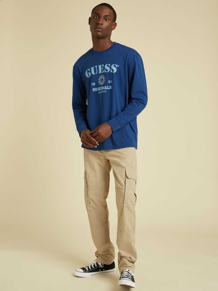 Blue Men's GUESS Originals Logo Long Sleeve T-Shirts | USA60GOEAF