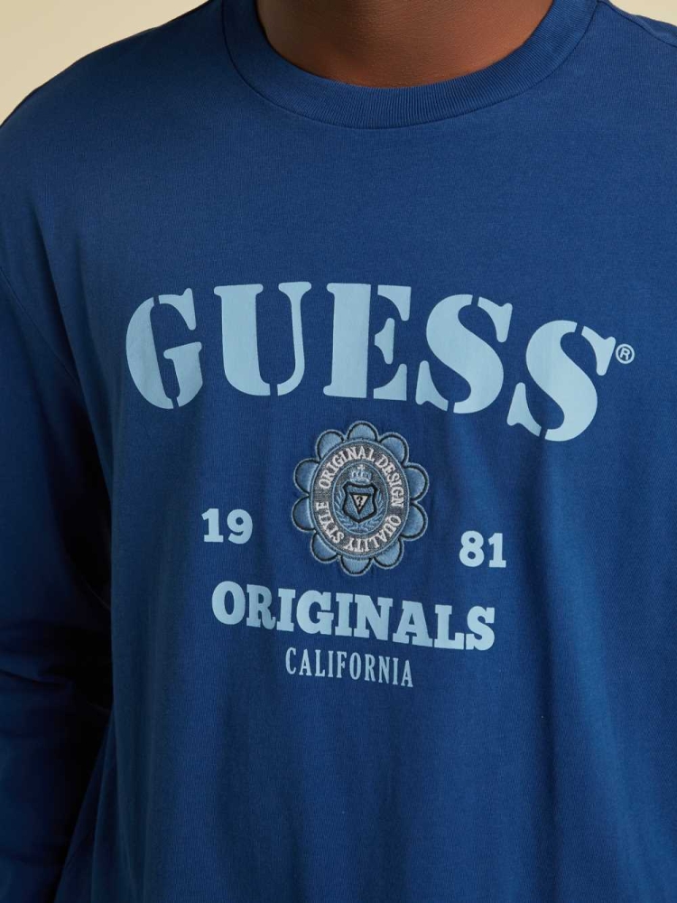 Blue Men's GUESS Originals Logo Long Sleeve T-Shirts | USA60GOEAF